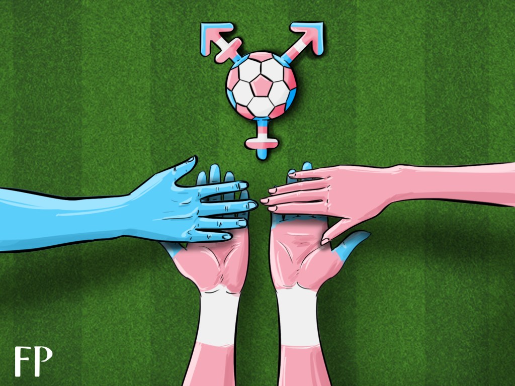 Against the background of a football pitch (green grass), a blue male hand teams up with a pink female hand in support of a pair of hands in trans colours. There is also the fusion of a soccer ball and the trans symbol at the top of the image.