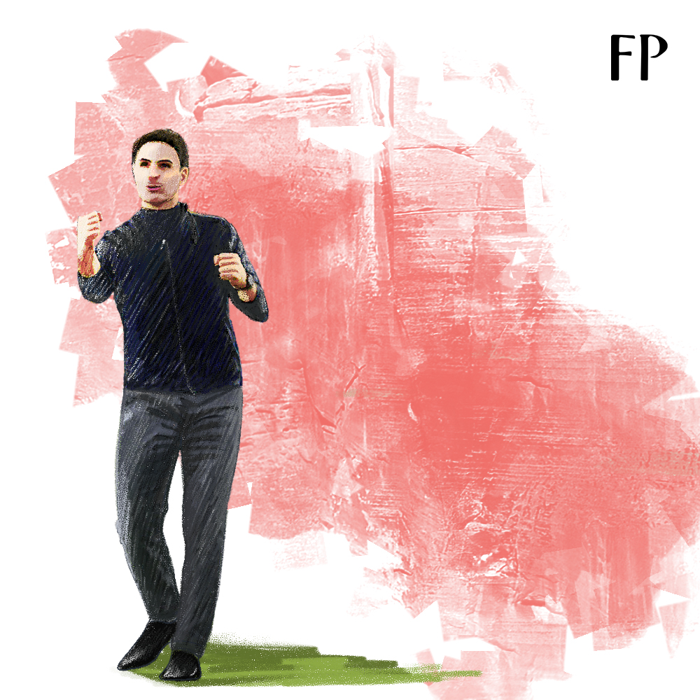 Arsenal manager Mikel Arteta against red backdrop in watercolour style.