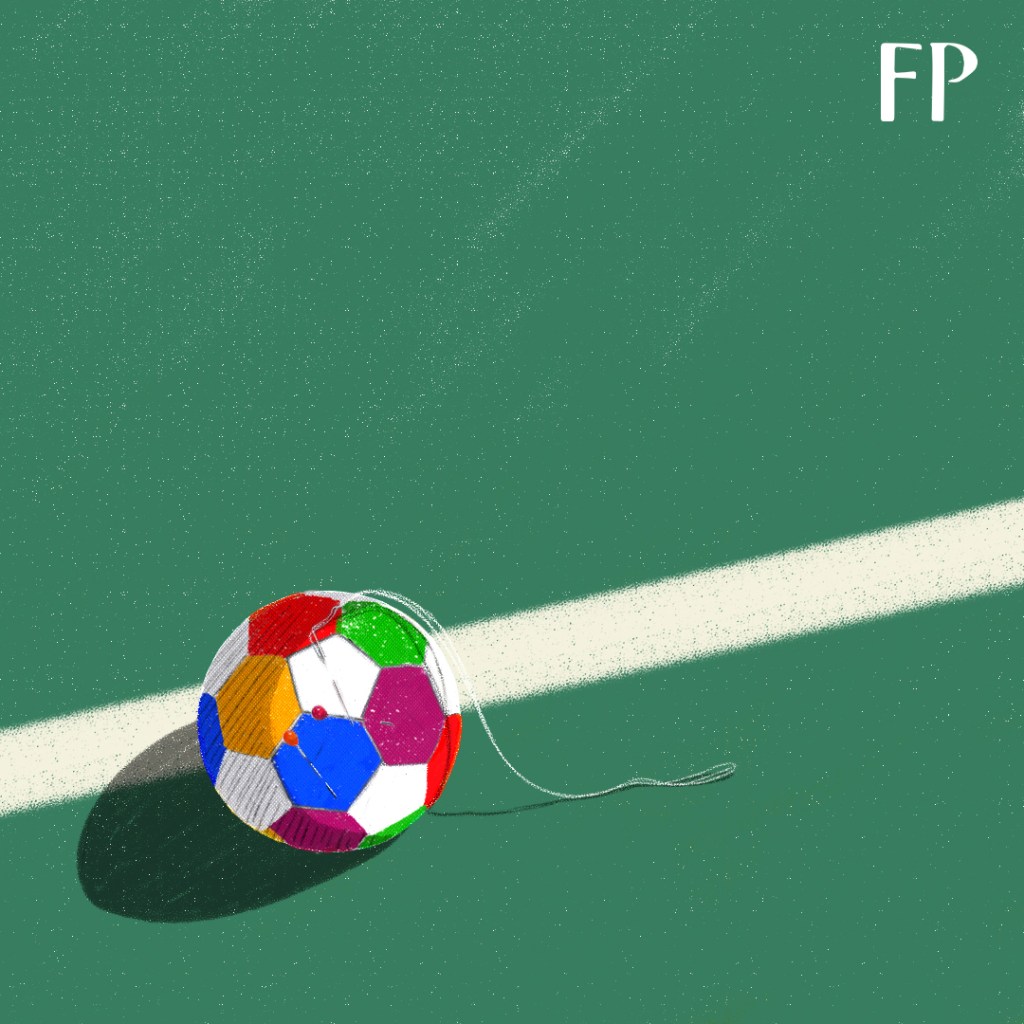 A ball in the colours of CONIFA against the green backdrop of the football field and a white line marking. There is a thread and some needles as if the ball is a patchwork quilt.