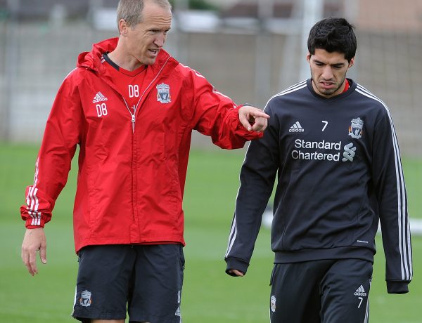 Darren Burgess with Luis Suarez on August 9, 2011 in Liverpool, England.