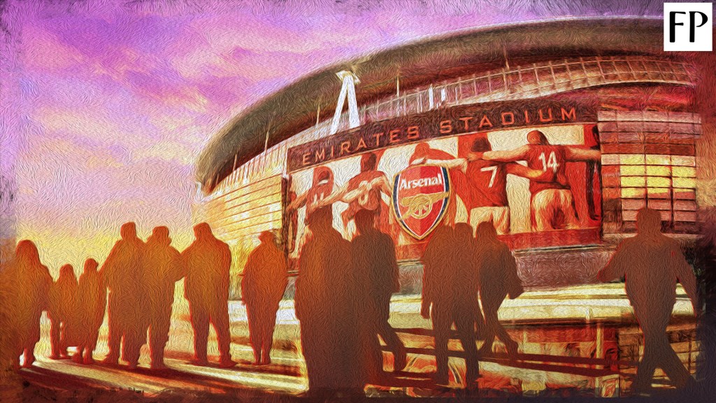 Arsenal, Arsenal Football Club, football, fan culture, belonging, Mikel Arteta

(Silhouettes of fans as they walk outside the backdrop of the Emirates Stadium in north London against a golden-hour sky already deepening into lilac.)