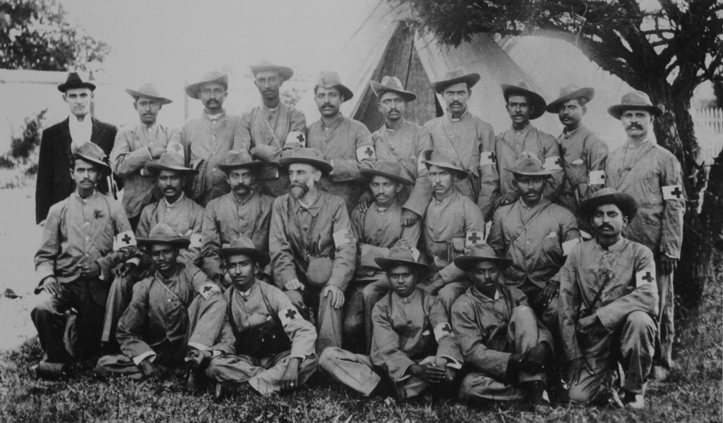 Gandhi with the stretcher-bearers of the Indian Ambulance Corps during the Boer War, South-Africa.