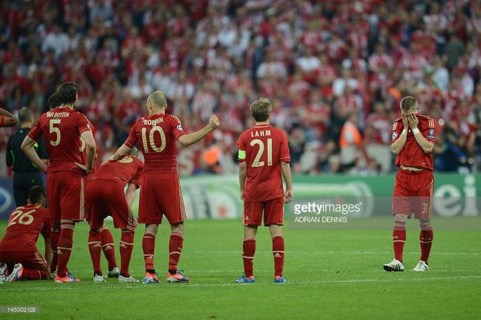 Munich, 2012: Bastian Schweinsteiger returns after hitting his penalty on the bar