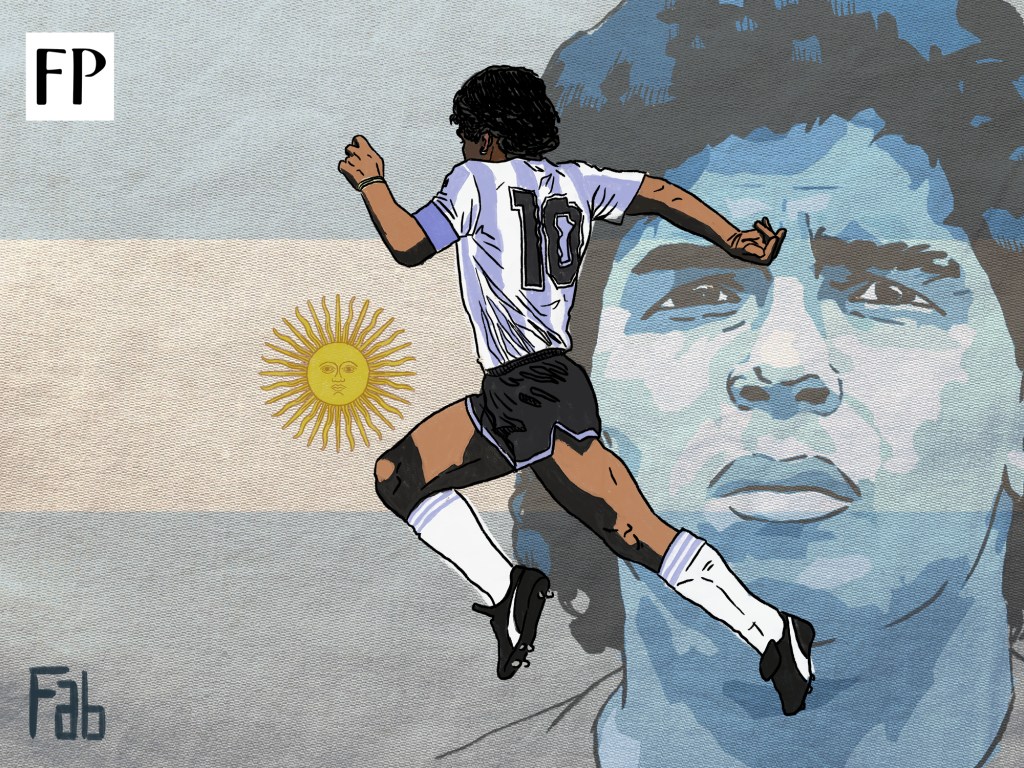 There has rarely been a more political figure for a nation's football ecosystem than Diego Maradona for Argentina. (Art by Fabrizio Birimbelli)
