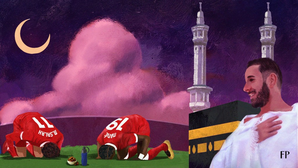 Ramadan and football (Art by Shivani Khot): Mohamed Salah, Sadio Mane and Karim Benzema are some of the perfect exponents of the co-existence of faith and sport.