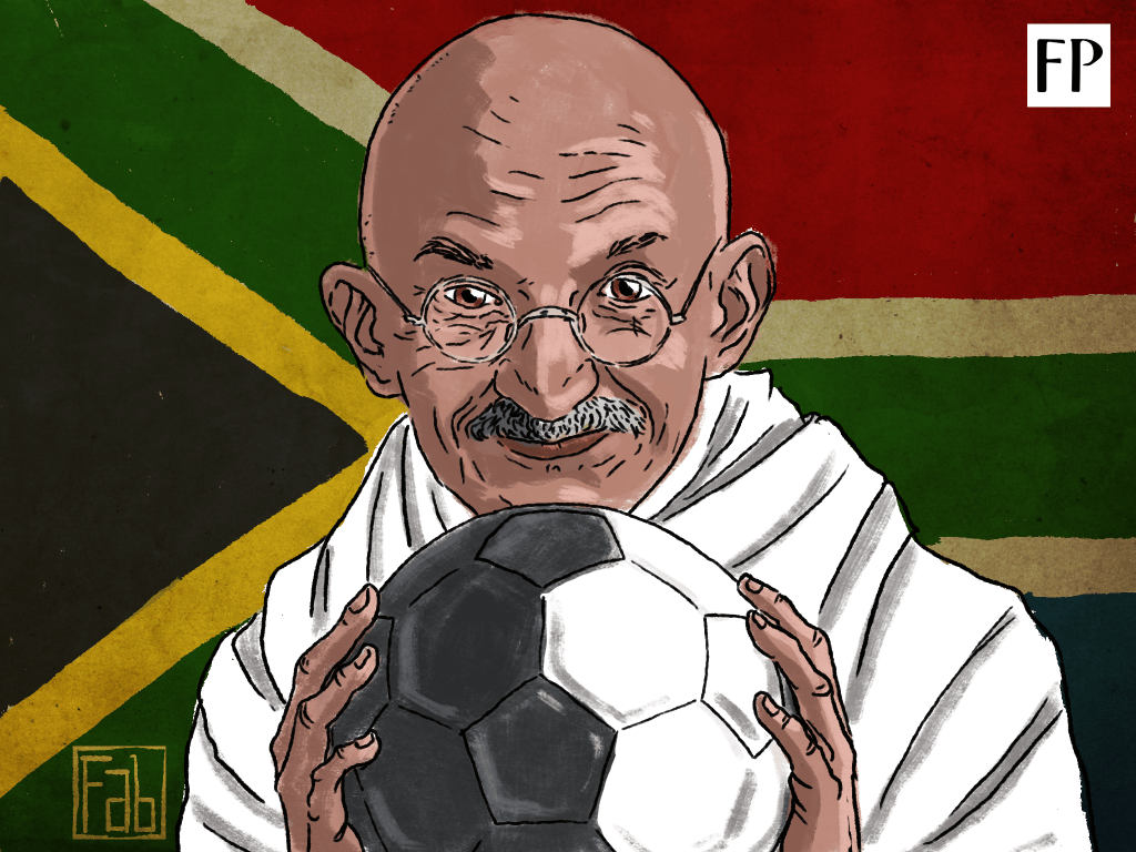 When you read of Mahatma Gandhi in South Africa, you read of train journeys and law firms and the fight against colonial oppression. There is a little known story of the Mahatma using football as a tool in his war against the people who invented the game. (Art by Fabrizio Birimbelli)